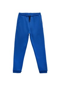 Blå sweatpants lavet af blødt materiale, med et elastisk talje bånd og snor, sidelommer, ribkantede ankler og en glat overflade.