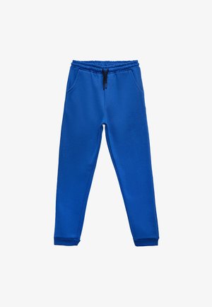 Blå sweatpants lavet af blødt materiale, med et elastisk talje bånd og snor, sidelommer, ribkantede ankler og en glat overflade.