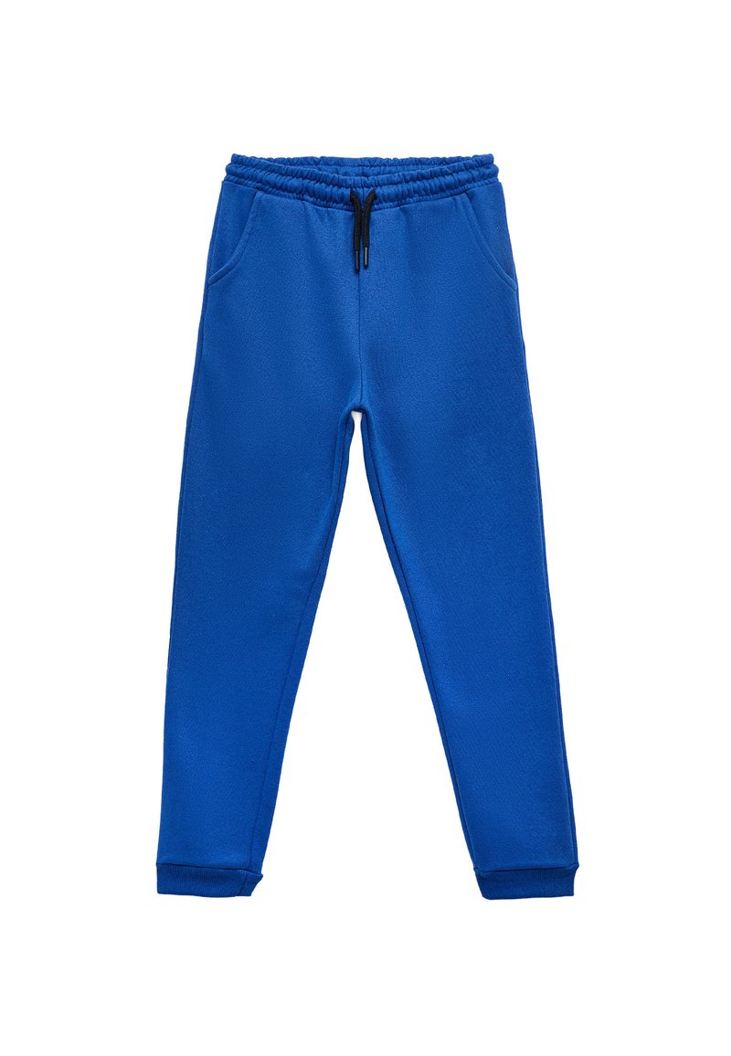 Blå sweatpants lavet af blødt materiale, med et elastisk talje bånd og snor, sidelommer, ribkantede ankler og en glat overflade.