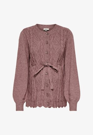 Cardigan lavorato a maglia in rosa polveroso con un motivo a diamante texturizzato, polsini a costine e una cintura da annodare in vita. Presenta bottoni marroni.