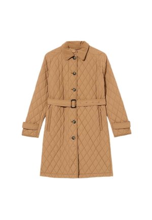 Gepatchter beige Mantel mit tailliertem Gürtel, Knopfverschluss und Kragen. Verfügt über lange Ärmel mit Bündchen und seitlichen Taschen.