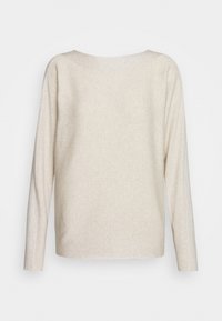 Langärmliger, beigefarbener Pullover mit strukturiertem Rippmuster, Rundhalsausschnitt und lockerer Passform.