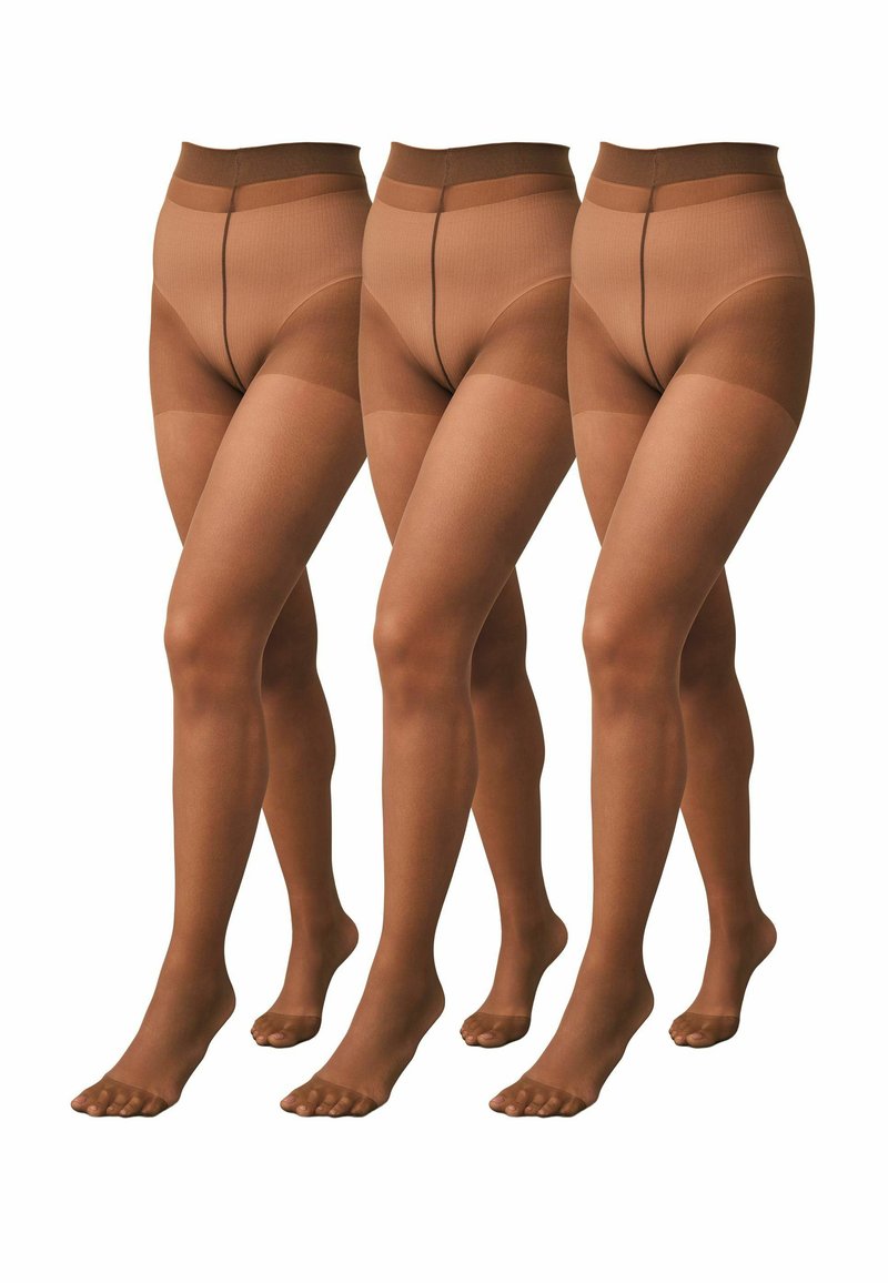 Beżowe, cienkie rajstopy w zestawie trzech, z wysokim stanem i gładką fakturą, z otwartymi palcami i delikatnym połyskiem.