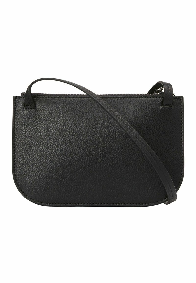 Schwarze Leder-Umhängetasche mit strukturiertem Finish, abgerundeter Form und einem langen Tragegurt. Verfügt über einen oberen Reißverschlussverschluss für sicheren Zugriff.