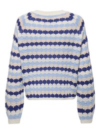 Pull en maille à manches longues avec motif à rayures horizontales bleu marine, bleu clair et beige, avec un col rond et des poignets côtelés.