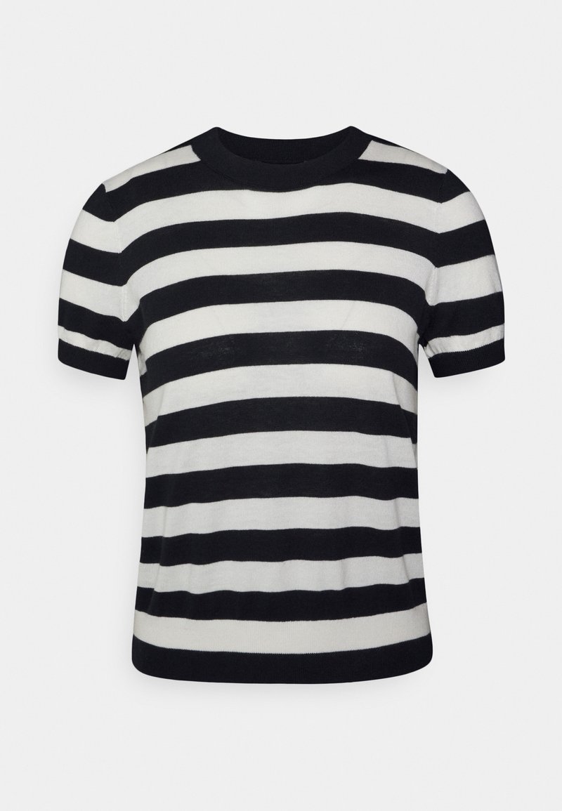 Haut en tricot à manches courtes noir et blanc à rayures, avec un col rond et une coupe ajustée, présentant des rayures alternant entre épaisses et fines.