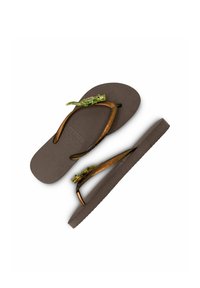Brown flip-flops with textured soles, featuring bronze straps adorned with a green and crystal-accented lizard detail on each strap.