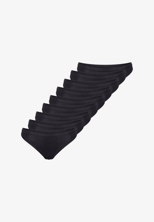 Czarne bawełniane figi bikini o niskim stanie i elastycznym pasie. Ułożone w rzędzie, prezentujące jednolity kształt i teksturę.