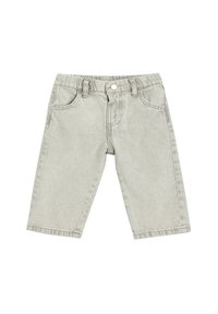 Lysegrå denim jeans med en lige pasform, har fem lommer, en knaplukning foran og bæltesløjfer rundt om taljen.