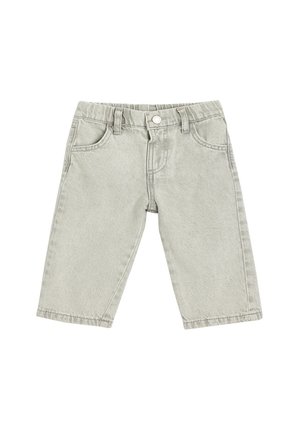 Jeans de mezclilla gris claro con un diseño de corte recto, que cuentan con cinco bolsillos, un cierre frontal de botón y trabillas para el cinturón en la cintura.