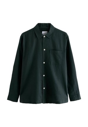 Temno zelena srajca na gumbe iz lahkega blaga, z ovratnikom, dolgimi rokavi, prsnim žepom in belimi gumbi.
