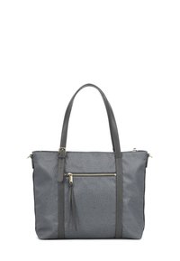Borsa a tracolla grigia con superficie texture, dotata di due spallacci, una tasca frontale con cerniera e finiture in metallo color oro.