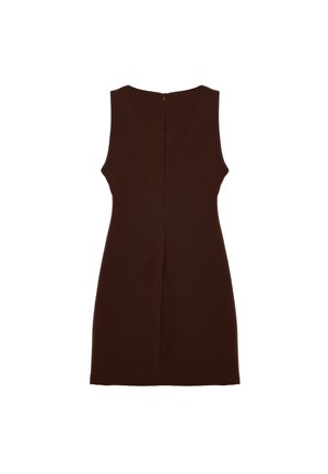Ärmelloses, dunkelbraunes, figurbetontes Kleid mit Reißverschluss am Rücken, knielang und geradem Saum, vor weißem Hintergrund.