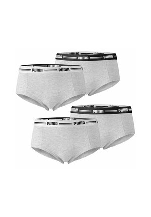 Graue Baumwollslips mit einem schwarz-weißen elastischen Bund mit 'PUMA'-Markierung; vier Paare ausgestellt mit variierenden Positionen des Bundes.