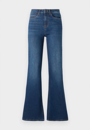 Flared denim jeans made of medium-weight cotton material, featuring a deep blue wash, contrasting stitching, and a traditional five-pocket design.