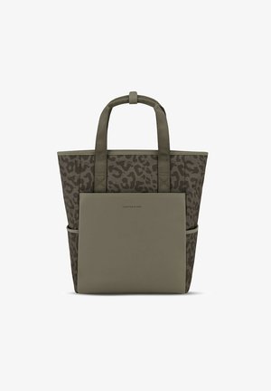 Olivgrüne Tragetasche mit Leopardenmusterstoff, durchgehendem Vorderfach und zwei oberen Tragegriffen.