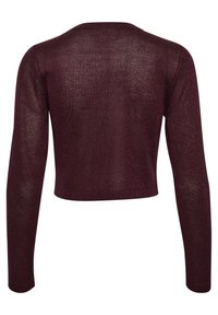 Bordeaux cropped langemouwtop van glinsterende brei stof, met een afgeronde halslijn en een textuursteek over de rug.