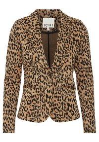 Blazer con stampa leopardata in tonalità beige e nero, realizzato in tessuto morbido. Presenta un rever a punta, chiusura con un bottone e due tasche frontali.