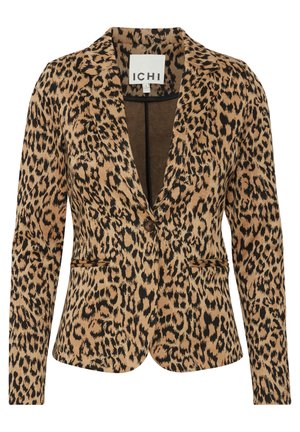 Sako s leopardím potiskem v hnědé a černé barvě, vyrobené z měkkého materiálu. Obsahuje klopový límec, zapínání na jeden knoflík a dvě přední kapsy.