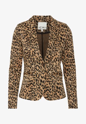 Blazer en imprimé léopard en beige et noir, fabriqué en tissu doux. Il dispose d'un col cranté, d'une fermeture à un bouton, et de deux poches avant.