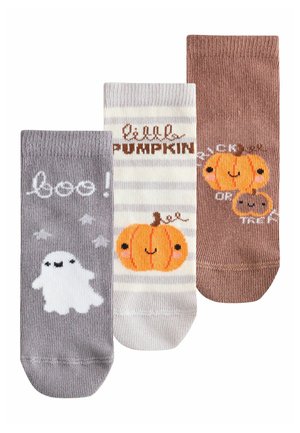 Three Halloween-themed socks with designs of a ghost with "boo!", a smiling pumpkin with "little pumpkin," and two pumpkins with "trick or treat."