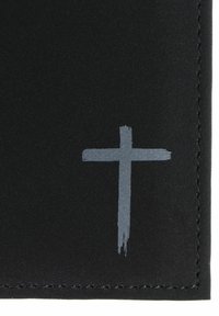 Black wallet showcasing a textured surface. Features a light gray brushstroke cross design. Edges stitched with matching thread.