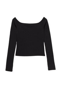 Schwarzes, kurz geschnittenes Langarm-Top mit einem schulterfreien Ausschnitt, aus Rippstoff gefertigt und mit einer figurbetonten Silhouette.
