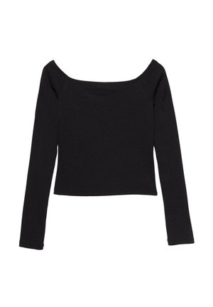 Crni skraćeni dugosleeve top s dekolteom koji otkriva ramena, izrađen od rebrastog materijala, s prilagođenim siluetom.