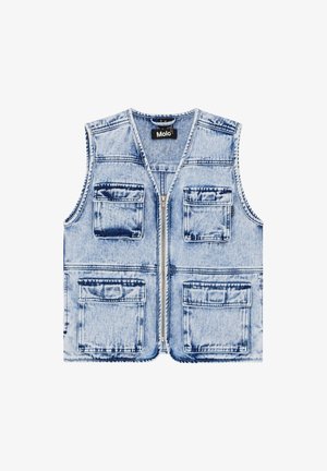 Jasnoniebieska kamizelka dżinsowa z wieloma kieszeniami z przodu, dekoltem w serek i zamkiem błyskawicznym z przodu. Wykończona kontrastowym przeszyciem.