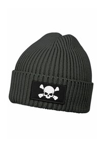 Gray knitted beanie with a ribbed texture. Features a black patch with a white skull and crossbones graphic.