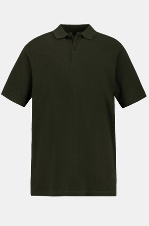 Polo de color verde oscuro con cuello, mangas cortas y tapeta de tres botones. La tela parece suave con una textura uniforme.