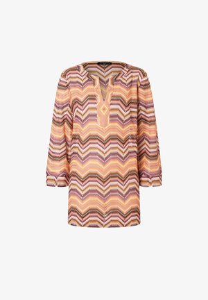 Langärmelige Tunika mit pinkem, orangefarbenem und braunem Zickzackstrickmuster, mit V-Ausschnitt und kleinem Kragen.