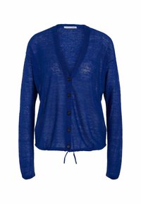 Blå, långärmad cardigan gjord av lätt, texturerad tyg. Har en V-hals, knappar längs framtill och dragsko i nederkant.