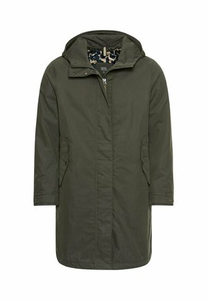 Olijf groene gewatteerde parka jas, met een ritssluiting, zijzakken en een gemusterd binnenvoering. Zacht, lichtgewicht materiaal.