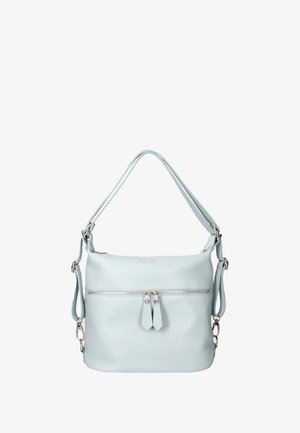 Lichtblauwe leren handtas met een ritsvak aan de voorkant, twee bovenhandvatten en een verstelbare schouderband met zilverkleurige hardware.
