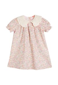 Bloemrijk jurkje in pastelkleuren met korte puffmouwen, een kraag met kantafwerking en een geraffineerde taille. Kenmerken zijn bloemmotieven in roze, geel en groen.