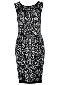 Abito bodycon con motivo floreale in bianco e nero, con scollatura a barca e senza maniche, realizzato in un tessuto a maglia texturizzato.