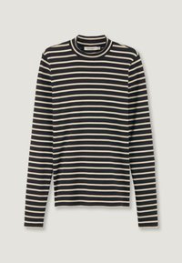 Gestreept shirt met lange mouwen in marineblauw en crème. Heeft een hoge halslijn en een ribbelstructuur, met gelijkmatig verdeelde horizontale strepen.