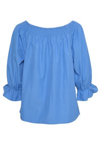 Blouse bleue épaules dénudées avec un col smocké, manches ballon et poignets volantés, confectionnée en tissu léger.