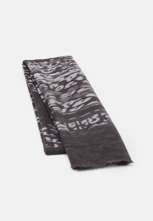 Folded dark gray scarf with lighter irregular abstract patterns and slightly frayed edges on a white background.