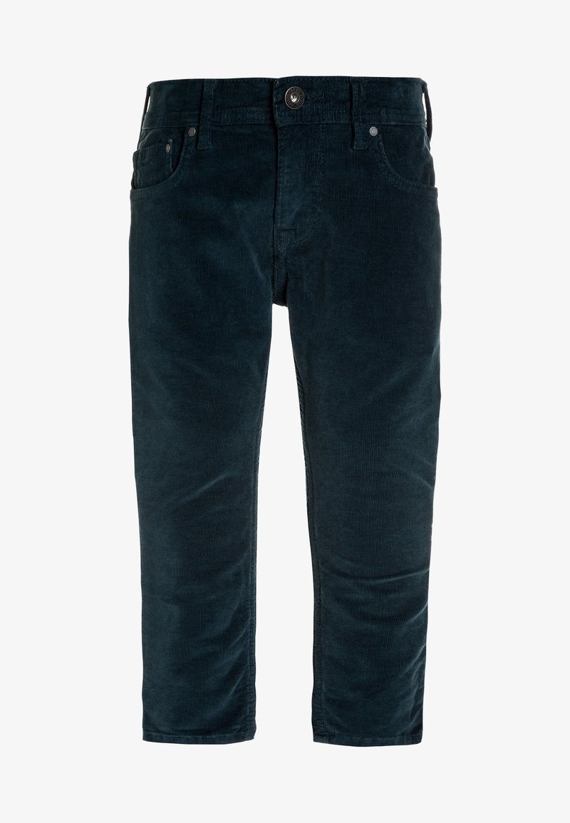 Pantalon en velours côtelé vert foncé avec bouton sur le devant, fermeture éclair et design à cinq poches, présenté sur fond blanc.