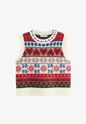 Adīts bez piedurknēm krekls ar apaļu kakla izgriezumu, krēmkrāsā ar daudzkrāsainiem rakstiem, kas veidoti no sirdīm, ziediem un ģeometriskām formām sarkanas, zilas un brūnas krāsas.