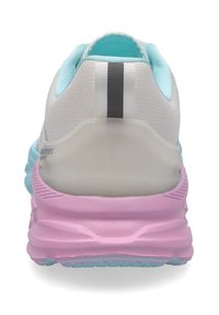 Gradient athletic shoe with a lightweight mesh upper, turquoise accents, a transparent heel, a pink midsole, and textured rubber outsole.