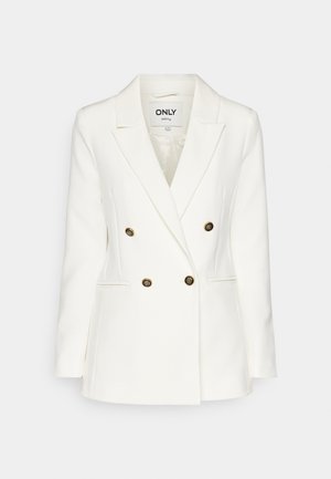 Blazer blanco de doble botonadura hecho de una tela suave, con botones decorativos dorados, solapas con muesca y dos bolsillos laterales.