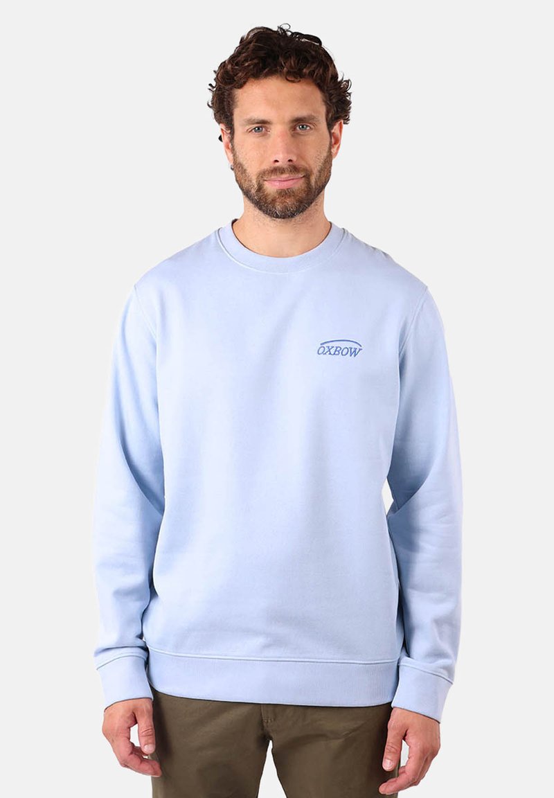 Sweatshirt bleu clair en mélange de coton, avec un col rond, des poignets côtelés et un logo brodé sur la poitrine. Texture lisse.
