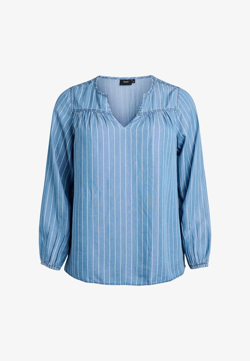Blusa a maniche lunghe a righe blu con scollatura a V, dettaglio arricciato sulle spalle e polsini elasticizzati. Realizzata in un tessuto leggero.