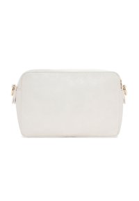 Bolso bandolera rectangular de cuero blanco con herrajes laterales en tono dorado y cierre de cremallera en la parte superior.