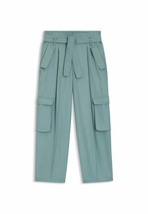High-waisted lichtteal cargobroek met riem, met twee klepzakken op de dijen en twee schuine klepzakken vlak bij de heupen.