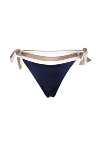 Bikini bottom blu navy con tessuto testurizzato, dotato di una cintura a strisce bianche e dorate e dettagli laterali annodati.