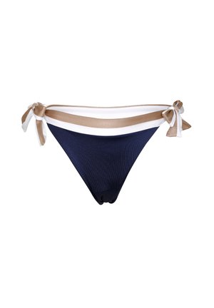 Bikini bottom blu navy con tessuto testurizzato, dotato di una cintura a strisce bianche e dorate e dettagli laterali annodati.